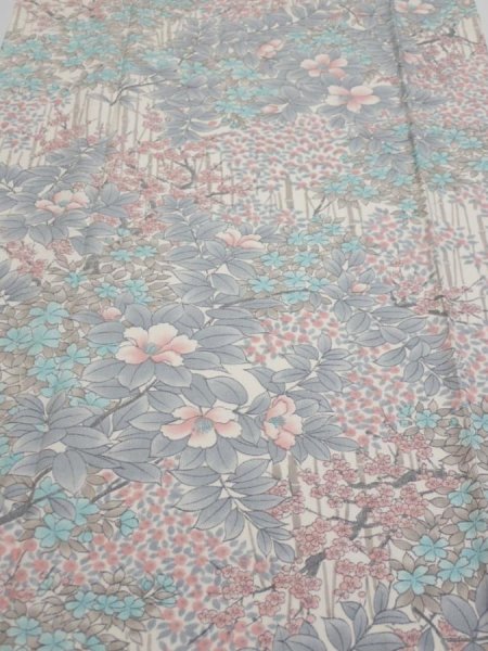 Photo1: 1K04z90  Japanese Kimono Silk  FABRIC Flowers Off-white 63.8x14.6 (1)