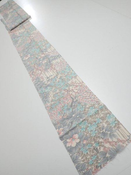 Photo1: 1K09z60  Japanese Kimono Silk  FABRIC Flowers Off-white 85.8x7.3 (1)