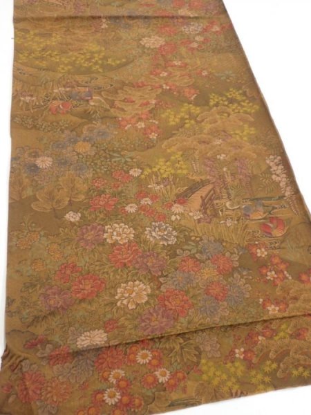 Photo2: 1K01z60  Japanese Kimono Silk  FABRIC Garden Brown 43.3x14.4 (2)