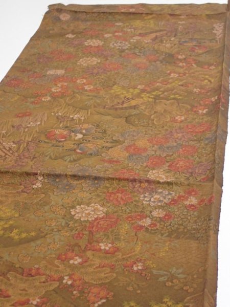 Photo3: 1K01z60  Japanese Kimono Silk  FABRIC Garden Brown 43.3x14.4 (3)