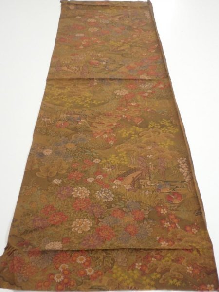 Photo5: 1K01z60  Japanese Kimono Silk  FABRIC Garden Brown 43.3x14.4 (5)