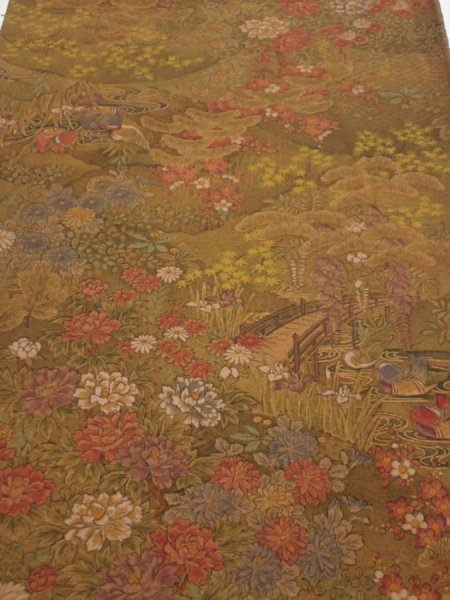 Photo1: 1K02z60  Japanese Kimono Silk  FABRIC Garden Brown 42.9x14.4 (1)