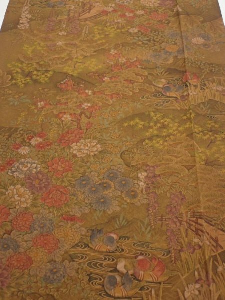 Photo1: 1K03z100  Japanese Kimono Silk  FABRIC Garden Brown 71.3x14.6 (1)