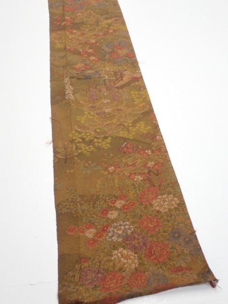 Photo2: 1K08z50  Japanese Kimono Silk  FABRIC Garden Brown 61.4x7.5 (2)