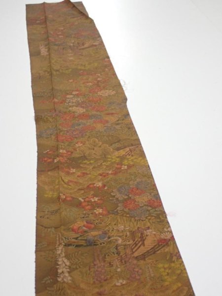 Photo3: 1K08z50  Japanese Kimono Silk  FABRIC Garden Brown 61.4x7.5 (3)