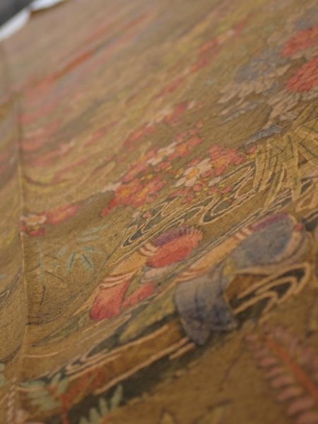 Photo4: 1K08z50  Japanese Kimono Silk  FABRIC Garden Brown 61.4x7.5 (4)