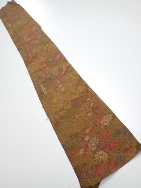 Photo5: 1K08z50  Japanese Kimono Silk  FABRIC Garden Brown 61.4x7.5 (5)