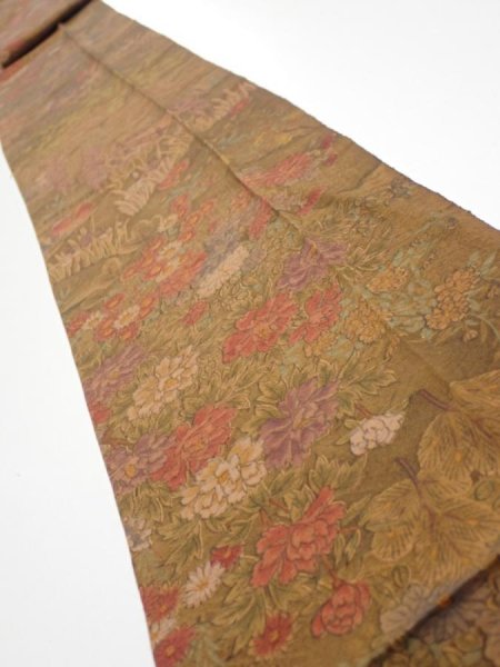 Photo1: 1K09z60  Japanese Kimono Silk  FABRIC Garden Brown 89.0x6.7 (1)