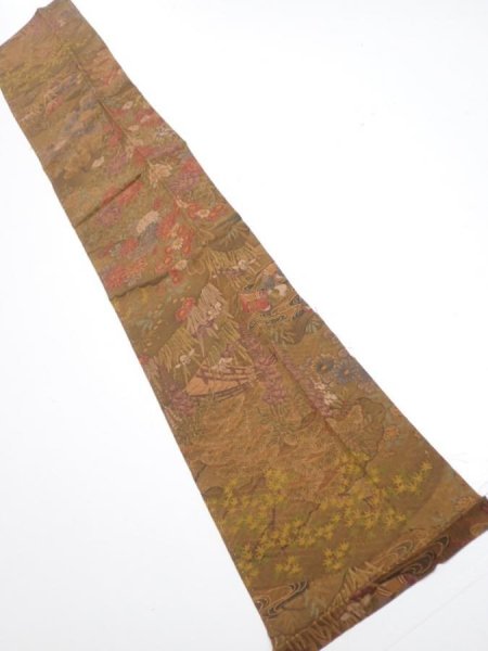 Photo1: 1K10z30  Japanese Kimono Silk  FABRIC Garden Brown 38.2x6.7 (1)