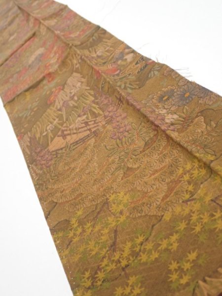 Photo2: 1K10z30  Japanese Kimono Silk  FABRIC Garden Brown 38.2x6.7 (2)