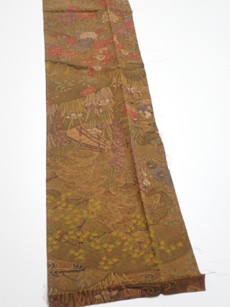 Photo3: 1K10z30  Japanese Kimono Silk  FABRIC Garden Brown 38.2x6.7 (3)
