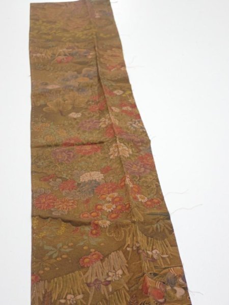 Photo4: 1K10z30  Japanese Kimono Silk  FABRIC Garden Brown 38.2x6.7 (4)