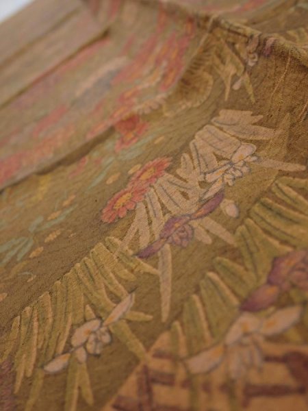 Photo5: 1K10z30  Japanese Kimono Silk  FABRIC Garden Brown 38.2x6.7 (5)