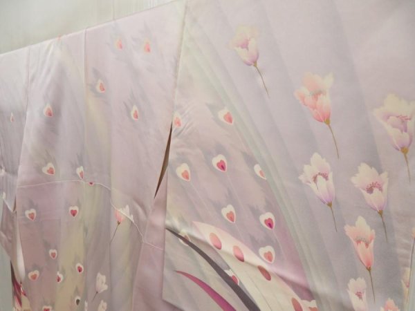 Photo2: 5710T01z940 Vintage Japanese Kimono Silk TSUKESAGE Peacock Light purple (2)