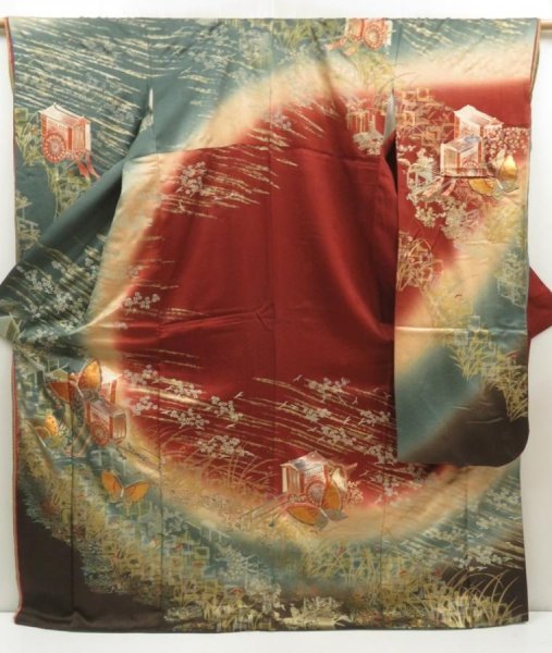 Photo1: 5710T02z1280  Japanese Kimono Silk FURISODE Butterfly Dull cyan (1)