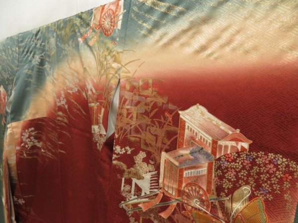 Photo2: 5710T02z1280  Japanese Kimono Silk FURISODE Butterfly Dull cyan (2)