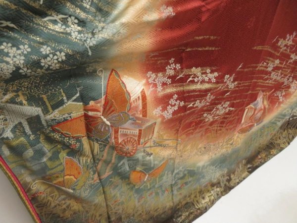 Photo3: 5710T02z1280  Japanese Kimono Silk FURISODE Butterfly Dull cyan (3)