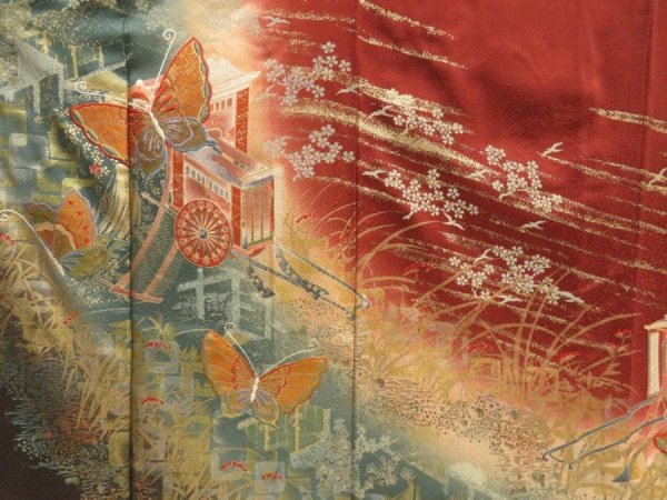 Photo8: 5710T02z1280  Japanese Kimono Silk FURISODE Butterfly Dull cyan (8)