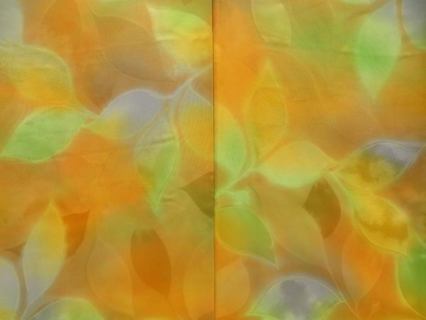 Photo5: 5710T04z880  Japanese Kimono Silk KOMON Leaf Light orange (5)