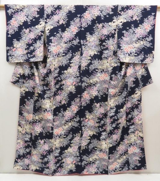 Photo1: 5710T06z910  Japanese Kimono Silk KOMON Flowers Dark navy (1)