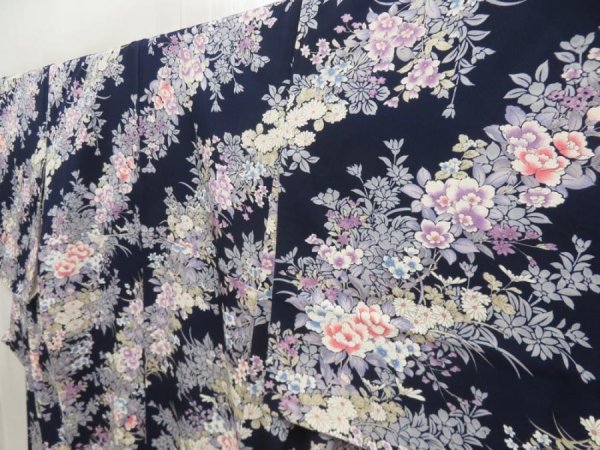 Photo2: 5710T06z910  Japanese Kimono Silk KOMON Flowers Dark navy (2)