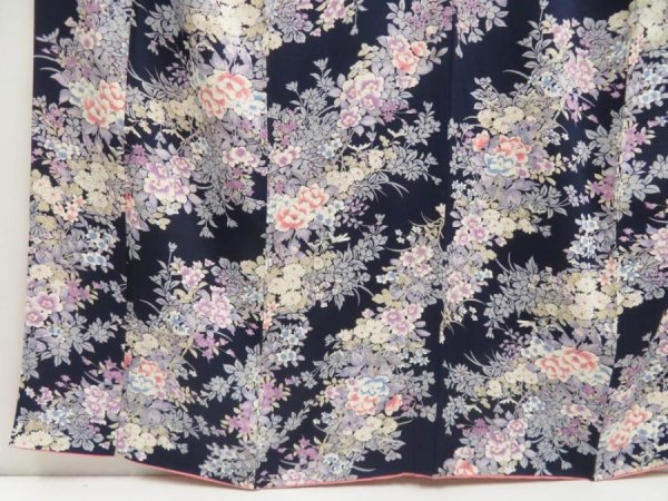 Photo4: 5710T06z910  Japanese Kimono Silk KOMON Flowers Dark navy (4)
