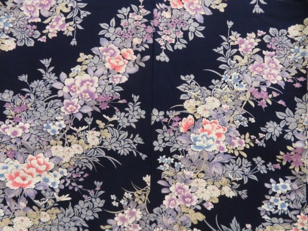 Photo5: 5710T06z910  Japanese Kimono Silk KOMON Flowers Dark navy (5)