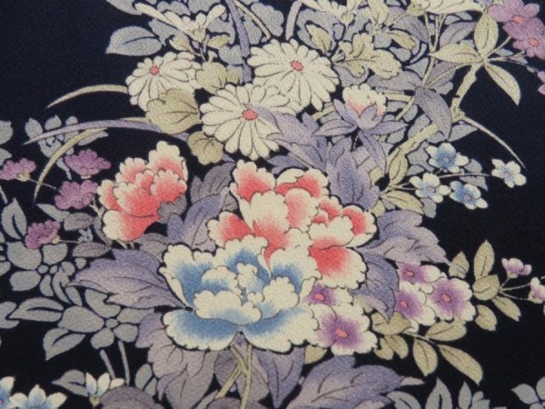Photo6: 5710T06z910  Japanese Kimono Silk KOMON Flowers Dark navy (6)