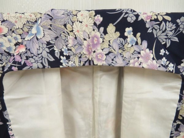 Photo7: 5710T06z910  Japanese Kimono Silk KOMON Flowers Dark navy (7)