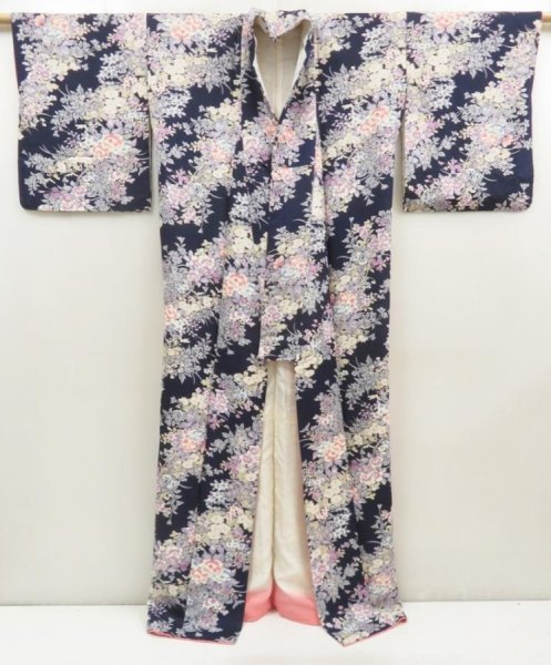Photo8: 5710T06z910  Japanese Kimono Silk KOMON Flowers Dark navy (8)