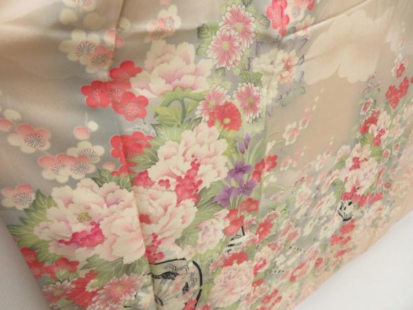 Photo3: 5710T07z1100  Japanese Kimono Silk FURISODE Flower cart Light peach (3)