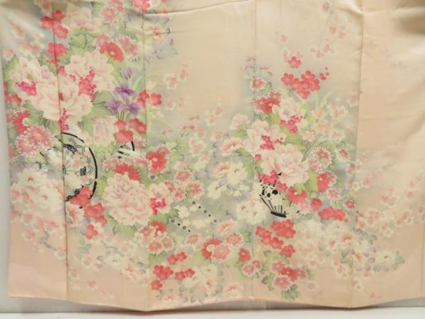 Photo5: 5710T07z1100  Japanese Kimono Silk FURISODE Flower cart Light peach (5)