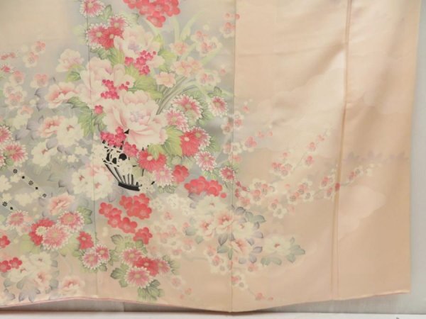 Photo7: 5710T07z1100  Japanese Kimono Silk FURISODE Flower cart Light peach (7)