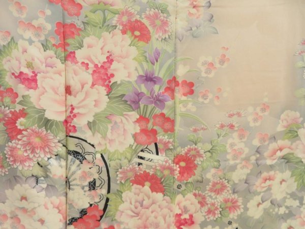 Photo8: 5710T07z1100  Japanese Kimono Silk FURISODE Flower cart Light peach (8)