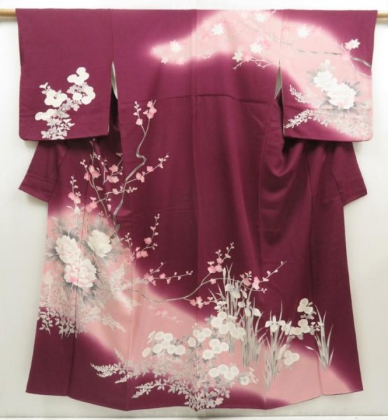Photo1: 5710T08z970  Japanese Kimono Silk TSUKESAGE Peony Dark grape (1)