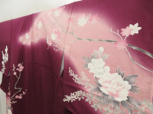 Photo2: 5710T08z970  Japanese Kimono Silk TSUKESAGE Peony Dark grape (2)