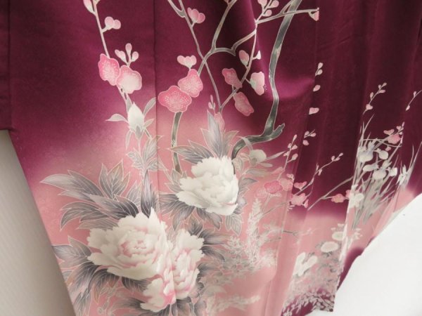 Photo3: 5710T08z970  Japanese Kimono Silk TSUKESAGE Peony Dark grape (3)