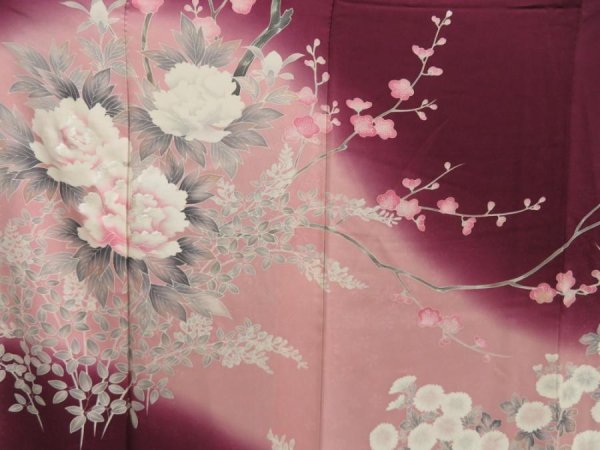 Photo8: 5710T08z970  Japanese Kimono Silk TSUKESAGE Peony Dark grape (8)