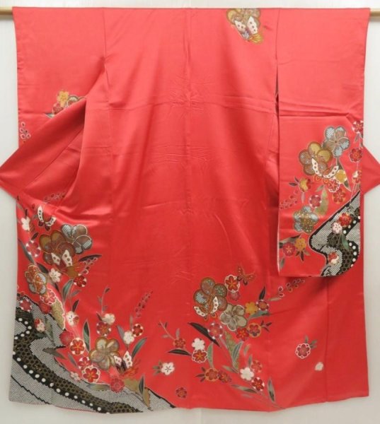 Photo1: 5710T09z1150  Japanese Kimono Silk FURISODE Butterfly Red-Pink (1)
