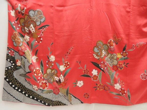 Photo3: 5710T09z1150  Japanese Kimono Silk FURISODE Butterfly Red-Pink (3)