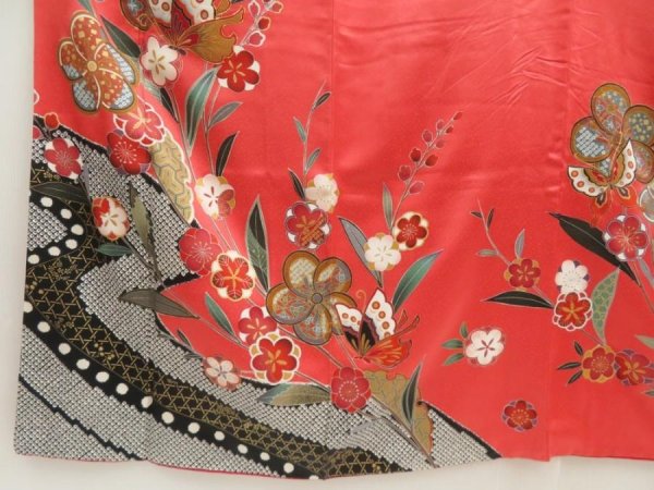 Photo4: 5710T09z1150  Japanese Kimono Silk FURISODE Butterfly Red-Pink (4)