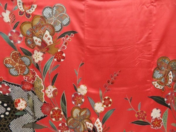 Photo6: 5710T09z1150  Japanese Kimono Silk FURISODE Butterfly Red-Pink (6)