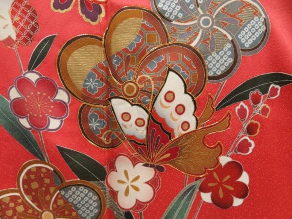 Photo7: 5710T09z1150  Japanese Kimono Silk FURISODE Butterfly Red-Pink (7)