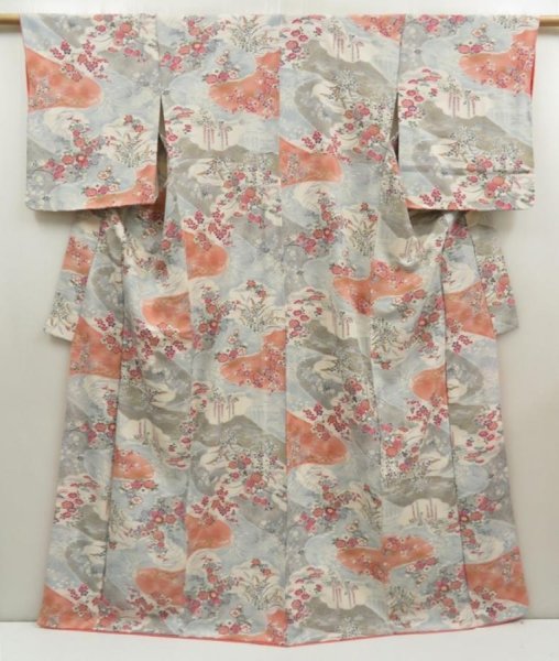 Photo1: 5710T10z880  Japanese Kimono Silk KOMON Flowers Light blue (1)