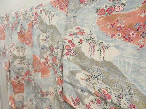Photo2: 5710T10z880  Japanese Kimono Silk KOMON Flowers Light blue (2)