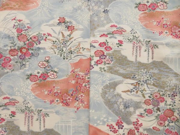 Photo5: 5710T10z880  Japanese Kimono Silk KOMON Flowers Light blue (5)
