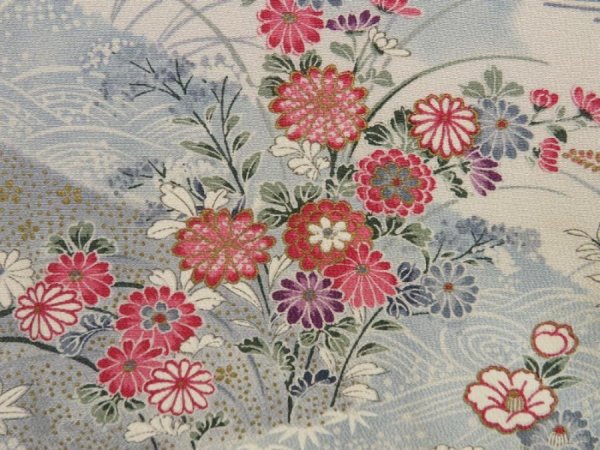 Photo6: 5710T10z880  Japanese Kimono Silk KOMON Flowers Light blue (6)