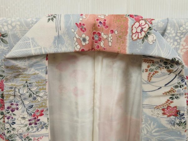 Photo7: 5710T10z880  Japanese Kimono Silk KOMON Flowers Light blue (7)