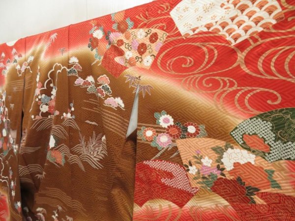 Photo2: 5710T11z1210  Japanese Kimono Silk FURISODE Peony Dull red (2)