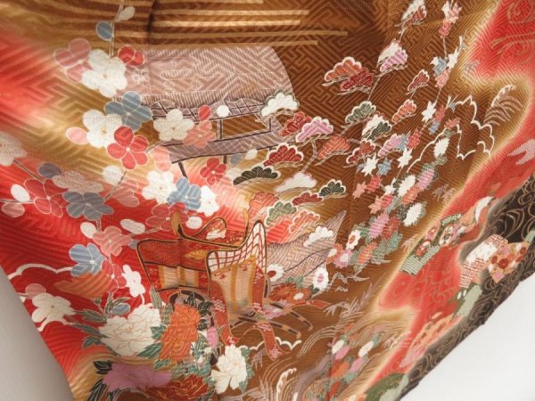 Photo3: 5710T11z1210  Japanese Kimono Silk FURISODE Peony Dull red (3)
